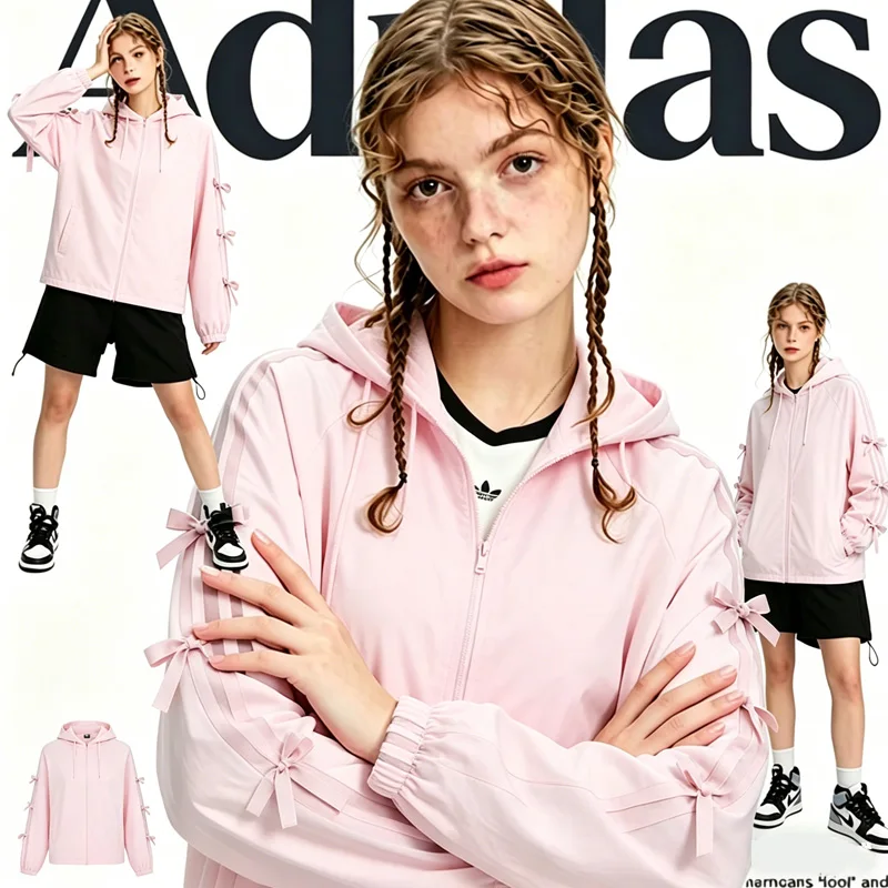 Adidas Womens Loose Fit Hooded Jacket Three Stripes Sequin Sports Logo Mesh Insert Sport Coat KR7602 KR7603