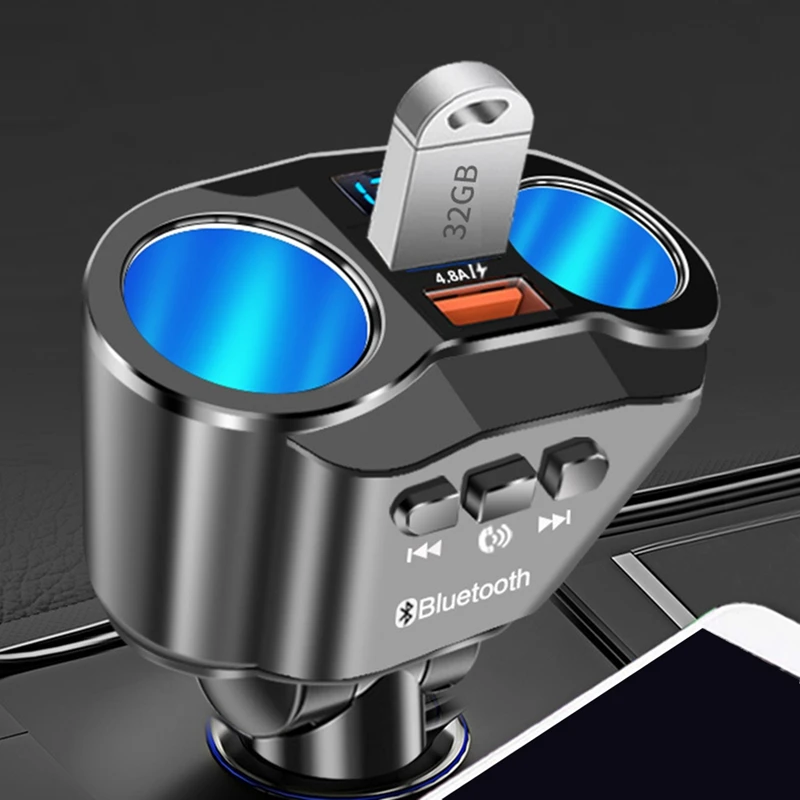 Dual USB Port Car Charger 2 Way Auto Car Lighter Socket Splitter DC12-24V 4.8A Bluetooth 5.0 MP3 Player With Handsfree