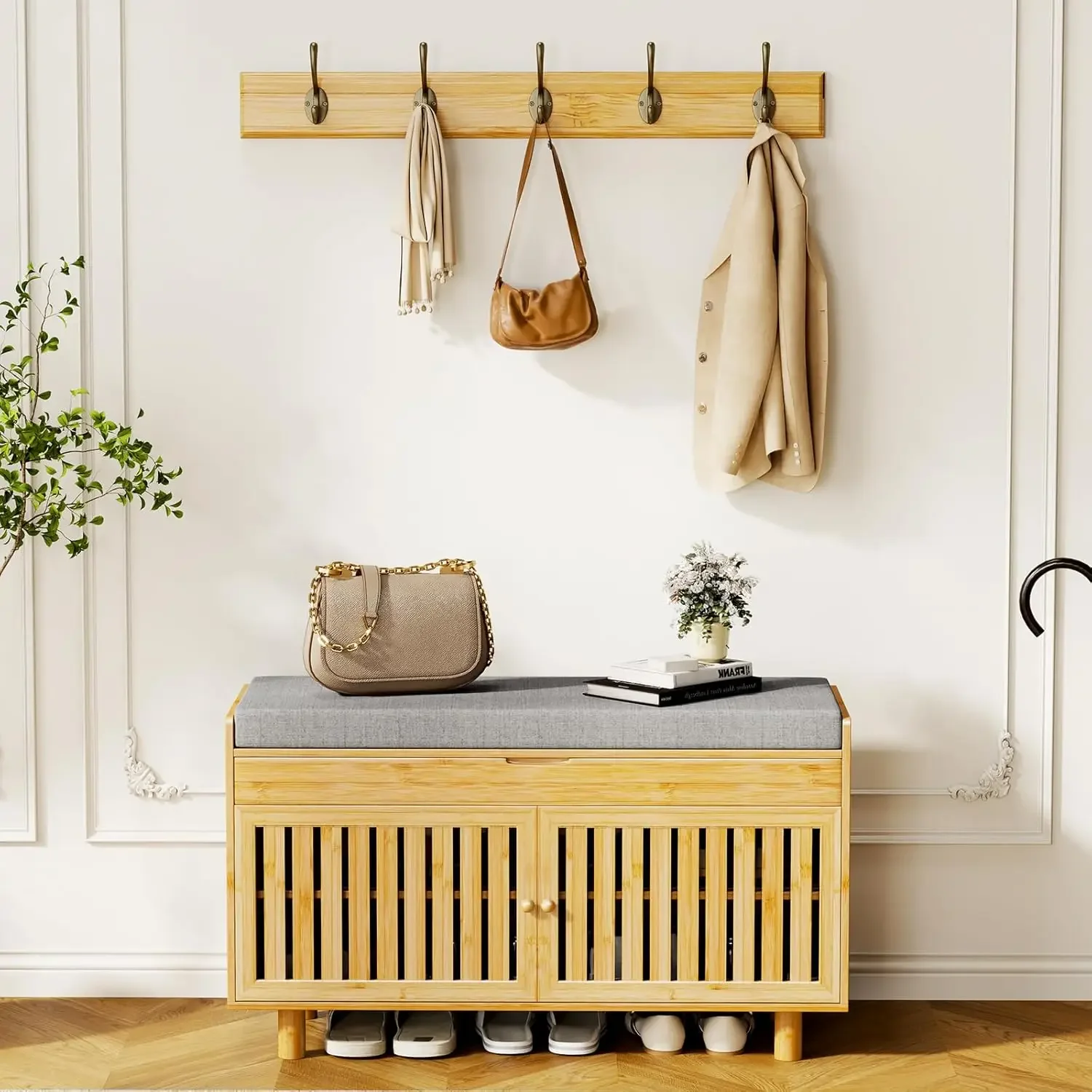 

Coat Rack Shoe Bench Set, Bamboo Shoe Storage Bench with Seat Cushion & 5 Hooks, Hall Tree Entryway Bench with Lift Top Hidden