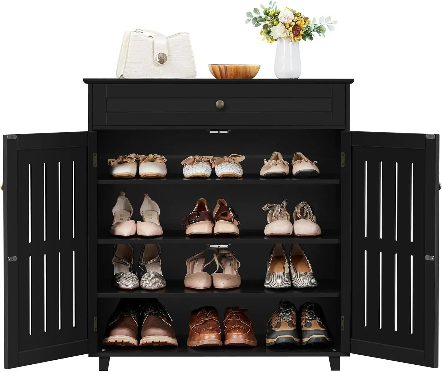 Shoe Cabinet, 4-Tier Shoe Storage Cabinet with Drawer & Adjustable Shelves, Wooden Shoe Rack Organizer with Louvered Doors for E