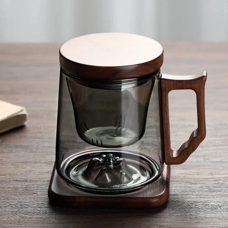 

Tea Separation Filtration Glass Tea Cup Wood Handle Coaster Water Separation Container With Infuser Filter Tea Making Cup