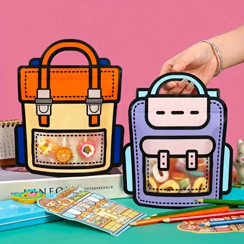 10pcs Creative School Bags Shape Cookie Candy Plastic Zipper Bags, Snack Packaging For Birthday Graduation Party Present Handbag
