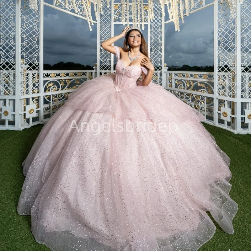 Angelsbride-Vestido De tul brillante para Quinceañera, Vestido De fiesta De noche con cuentas, color rosa claro, 15