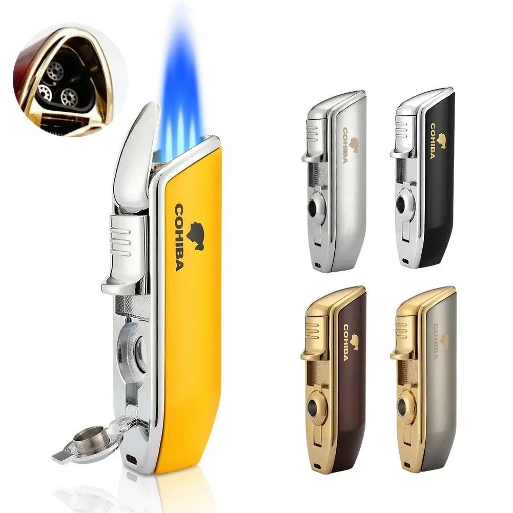 COHIBA Cigar Lighter Three Fire Straight Blue Flame Windproof Portable Inflatable Lighter with Cigar Knife Metal Lighter