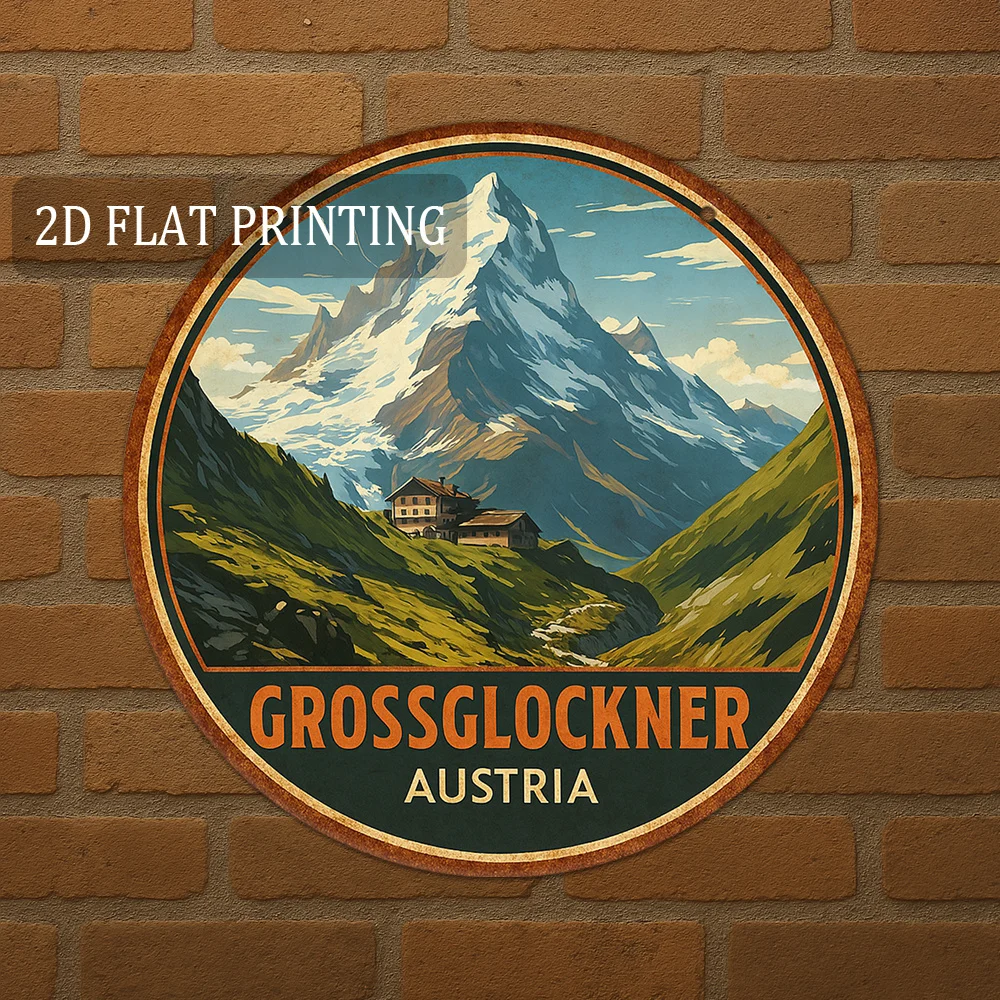 2D Flat -, 2D Plane, 1pc, 8-Inch Round Aluminum Sign, Vintage Großglockner Mountain Austria Travel Poster Style Wall Art, Alpine
