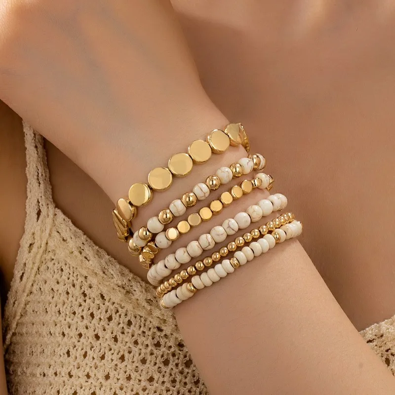 Bohemian White Howlite Stone Beaded Bracelets Multi‑layer Gold Metal Bead Stackable Bracelet Women Fashion Jewelry