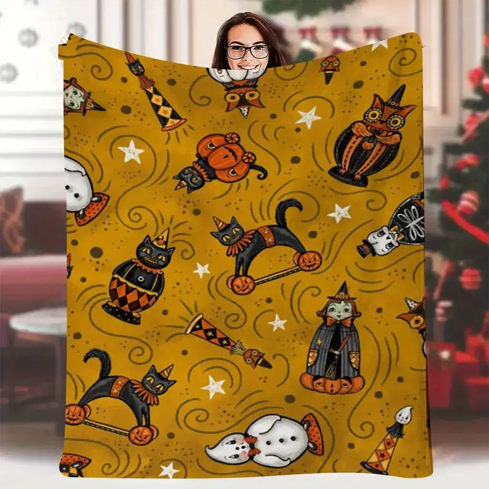 Vintage Halloween Cat Pumpkin Bat Printed Flannel Blanket Warm Soft Cozy Throw Blanket for Couch Bed Living Room Decor