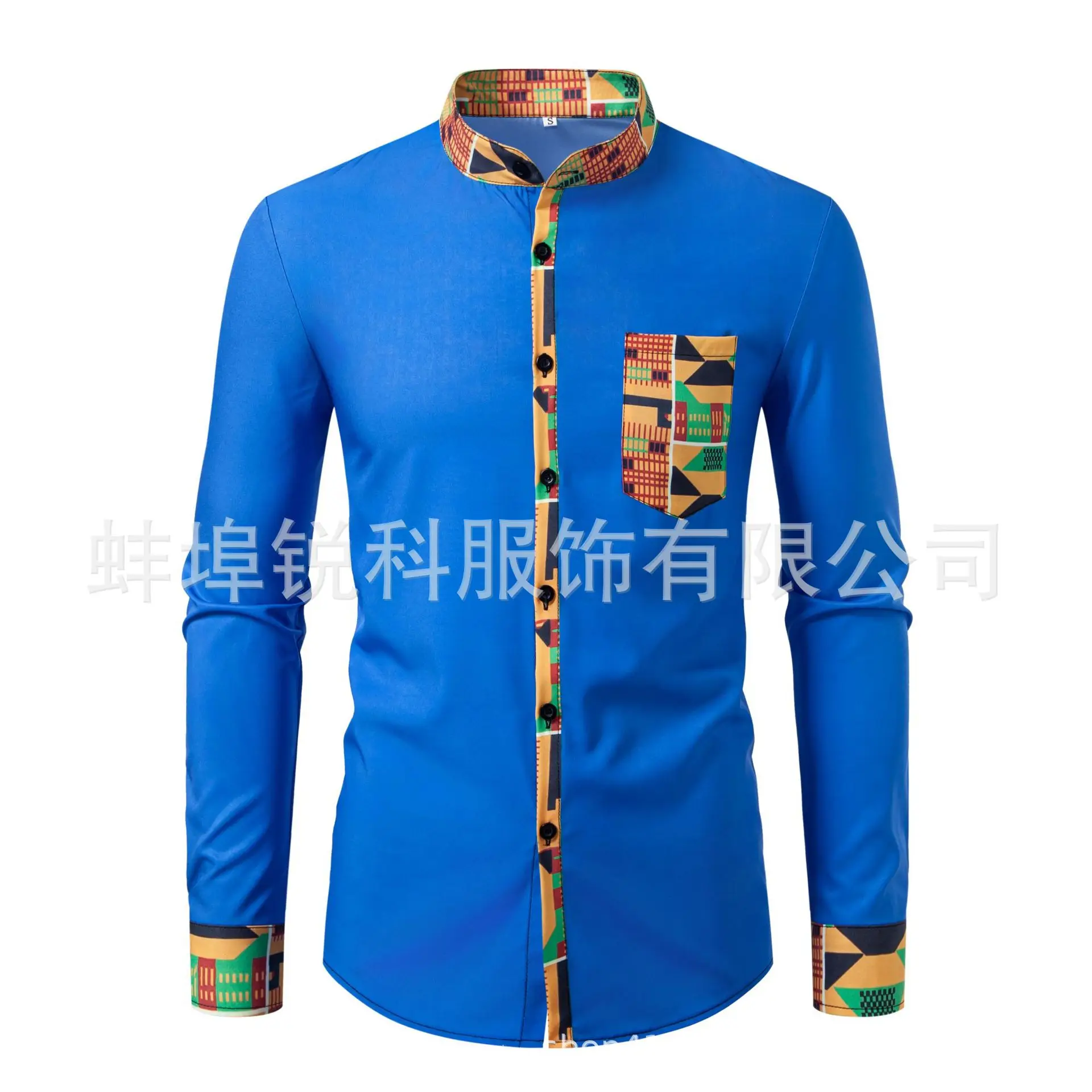 Spring And Autumn Men's Fashion Digital Printing Long Sleeve Flower Pocket Cardigan Stand-Up Collar Men's Shirt