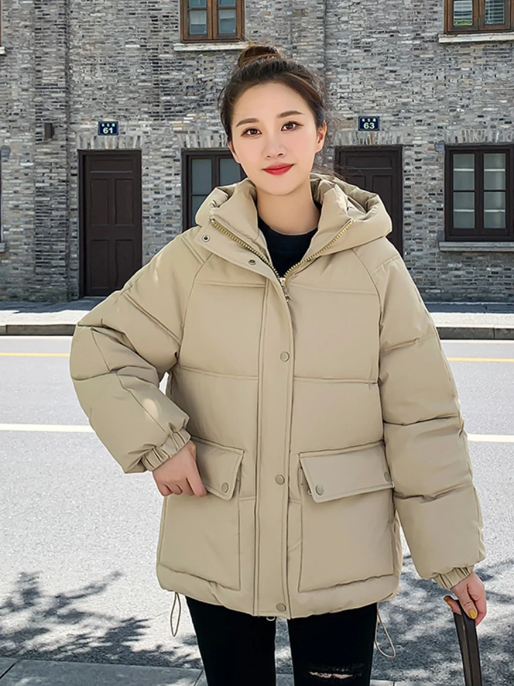 Autumn Winter Women's Stand Collar Hooded Warm Parka Jackets Solid Big Pocket Button Ladies Zipper Loose Cotton Coat