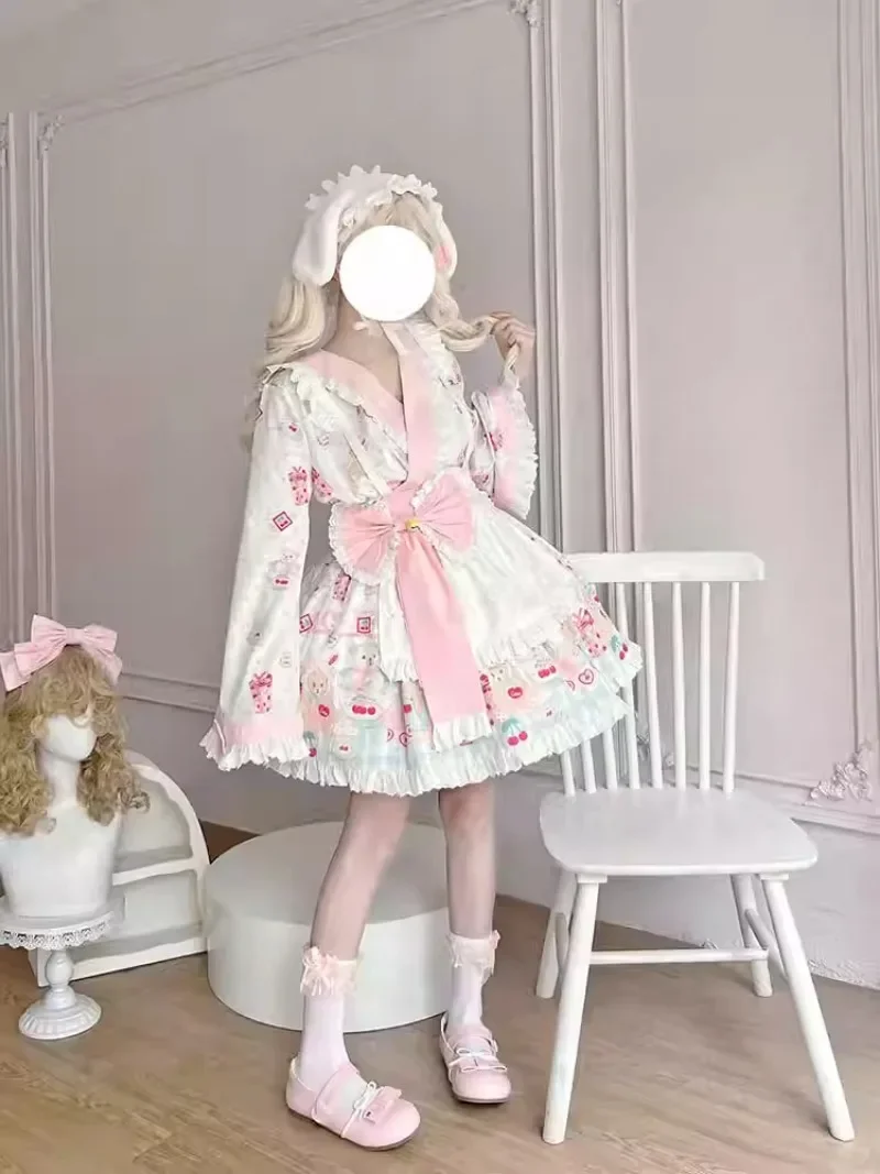 الحلو لطيف الكرتون الدب طباعة القوس فستان حفلة للأميرات مجموعة اليابانية Kawaii لوليتا كيمونو صغير تأثيري فستان خادمة للنساء #3
