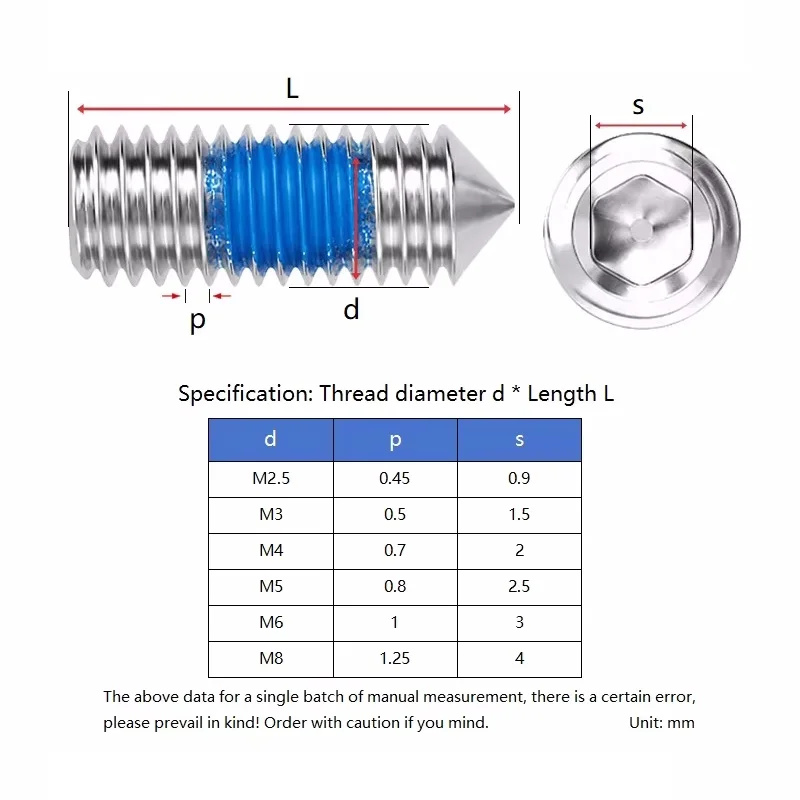 M2.5~M8 304 Stianless Steel Hexagon Socket Set Screw Cone Point Half Coated Blue Glue Dispensing Headless Allen Set Screws