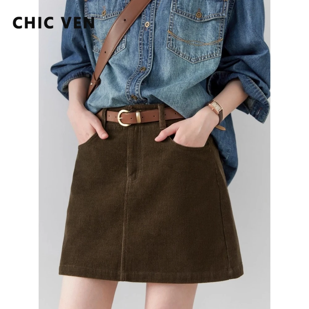 CHIC VEN Women Skirts Casual A Line New Retro High Waisted Corduroy Half Skirt Pit Stripe Office Ladies Skirt Spring Autumn 2025