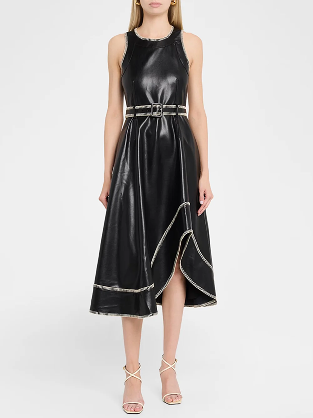 Modphy Fashion Bright Line Decoration Pu Leather Dress Women Belt Sleeveless Irregular Draped Dress Club Party Female Vestidos