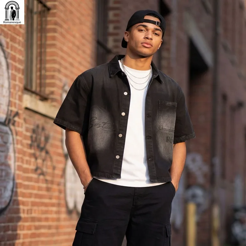 Hip Hop Men's Cropped Short Sleeve Denim Jacket Vintage Washed Fringe Hem Crop Jean Coat Street Fashion Oversized Outerwear