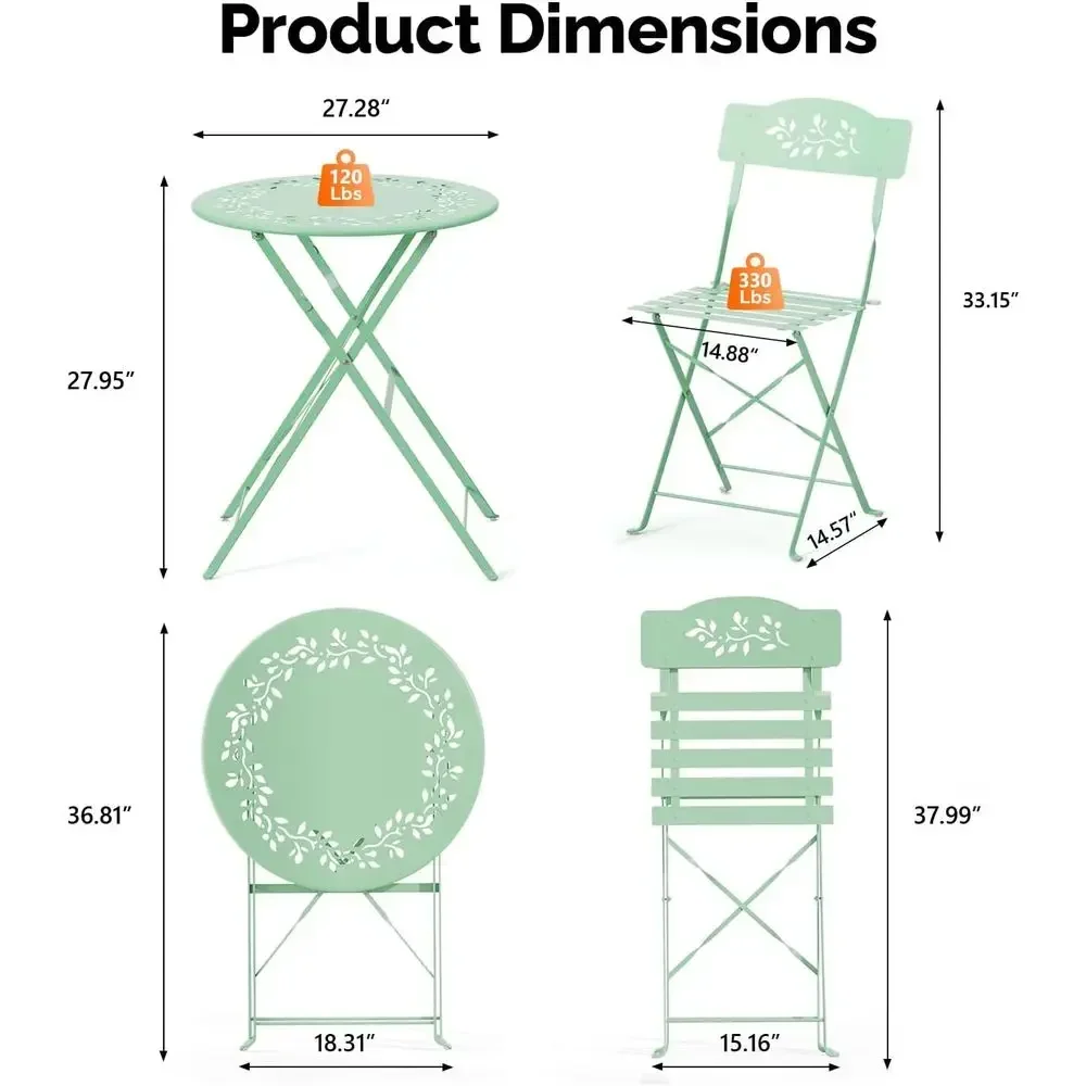 2-Piece Outdoor Bistro Set with Olive Leaf Design and Cushions for Patio, Balcony, Garden, Porch, Yard in Mint Green