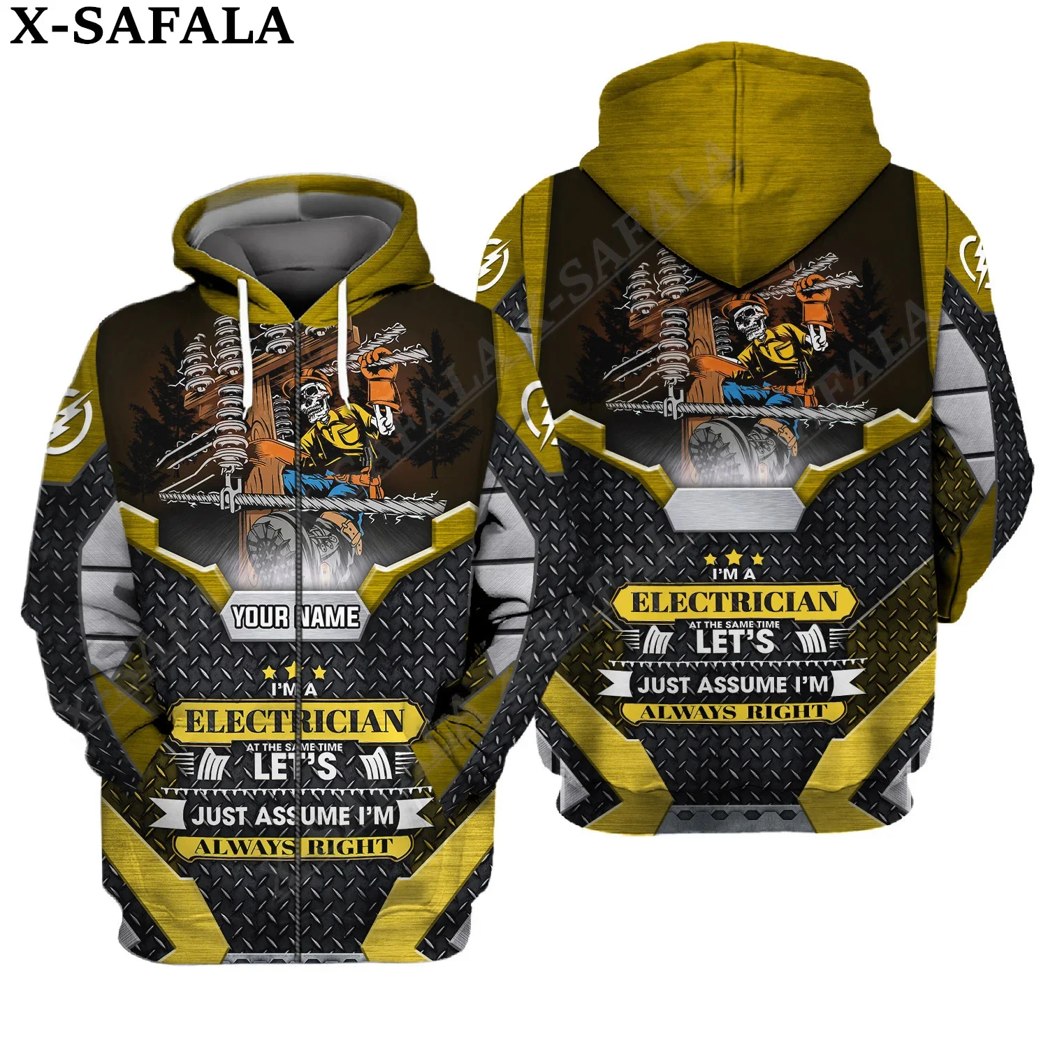 Custom Electrician Style 3D Print Zipper Men Hoodie Pullover Sweatshirt Hooded Jersey Tracksuit Outwear Oversize