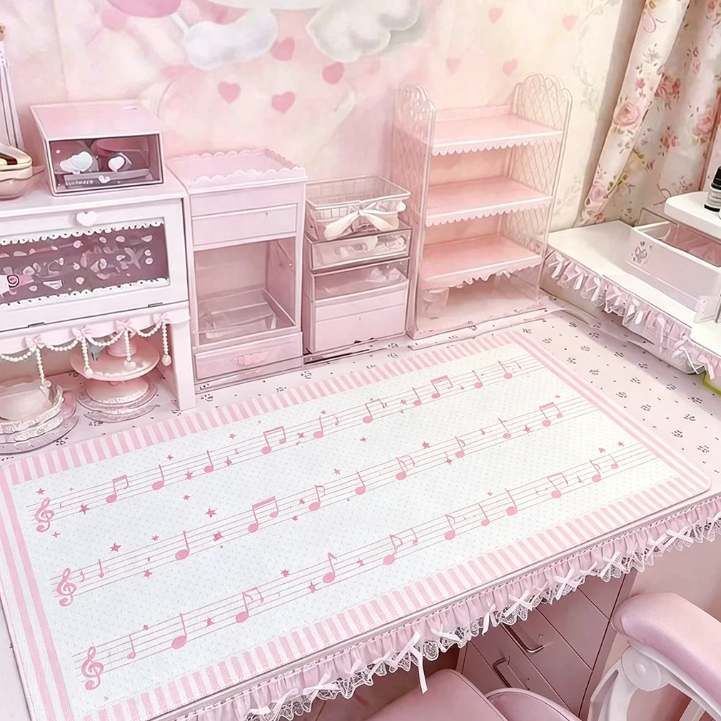 PU Leather Desk Pad Protector Pink Music Notes Stripe Polka DotsKawaii Y2K Girl Mouse Extension Pad Office Desk Mat Desk Blotter