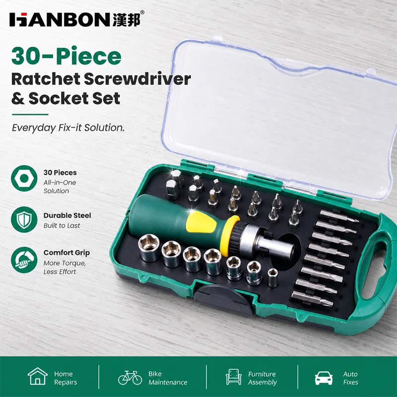 30Pcs Ratchet Screwdriver Bit Set, CR-V PH PZ Star Hex Slotted Bits with 1/4 Inch Sockets Adapter, Hand Repair Tool Kit