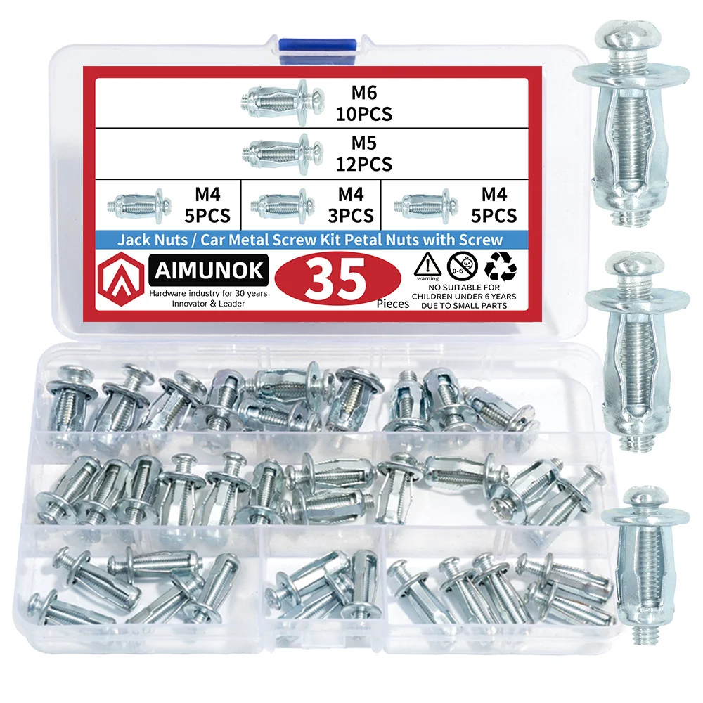 35Pcs Petal Shape Expansion Screw Jack Nut Kit, M4/M5/M6 Zinc Plated Blind Rivet Nuts, Hollow Panel Fasteners Assortment Set