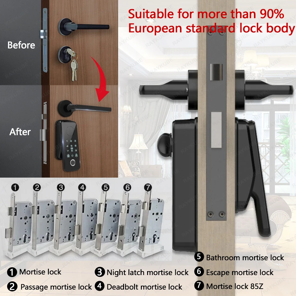 Imagem -02 - Raykube n1 tt Lock Automático Inteligente Conjunto de Bloqueio de Impressão Digital com Alça Sensor de Porta App Desbloqueio Remoto Fácil Instalação sem Perfuração sem Fiação