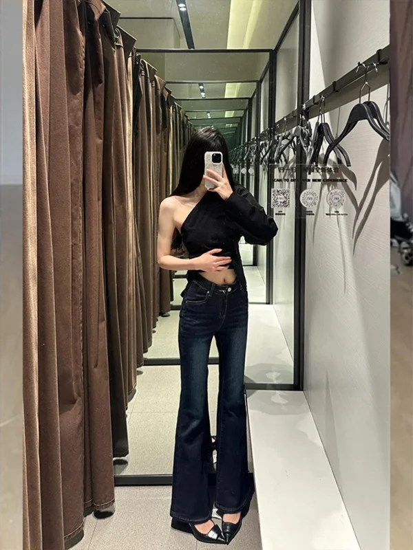 Jeans a Zampa d'Elefante a Vita Alta da Donna, Primavera Estate, Vintage, Slim Fit, Elasticizzati, Lunghezza Pavimento, Stile Americano