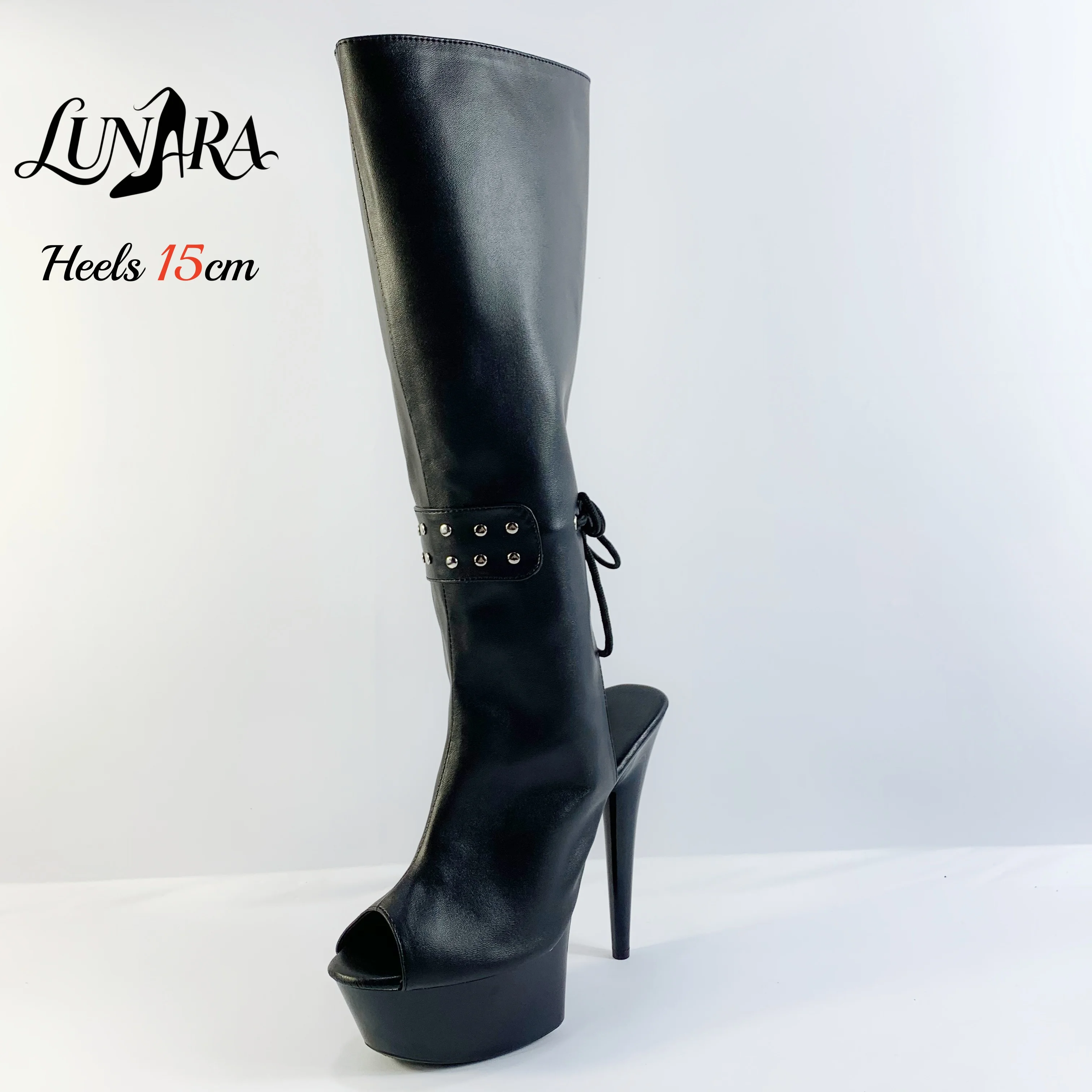 Ladies 15cm/6Inch Black PU Leather Laceup Backless Peep Toe Platform Stiletto Mid-calf Boot Exotic Stripper Pole dance Club Rave