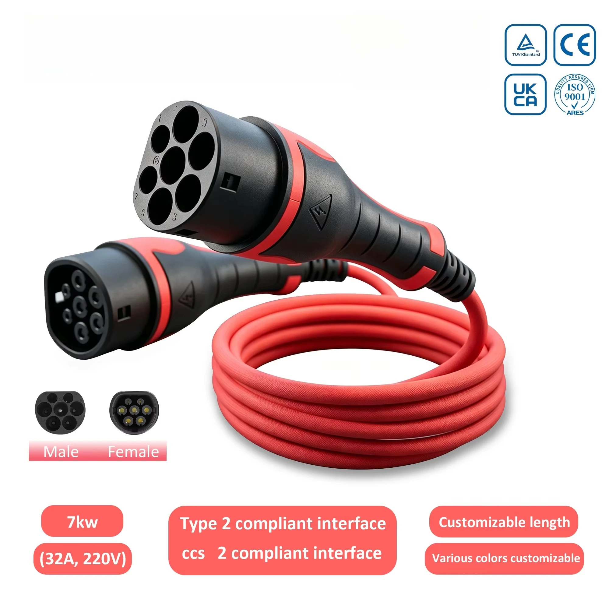 Charger 32A EV Charging Cable Electric Vehicle Car Charger 5M Type 2 to Type 2 with Male and Female Connector