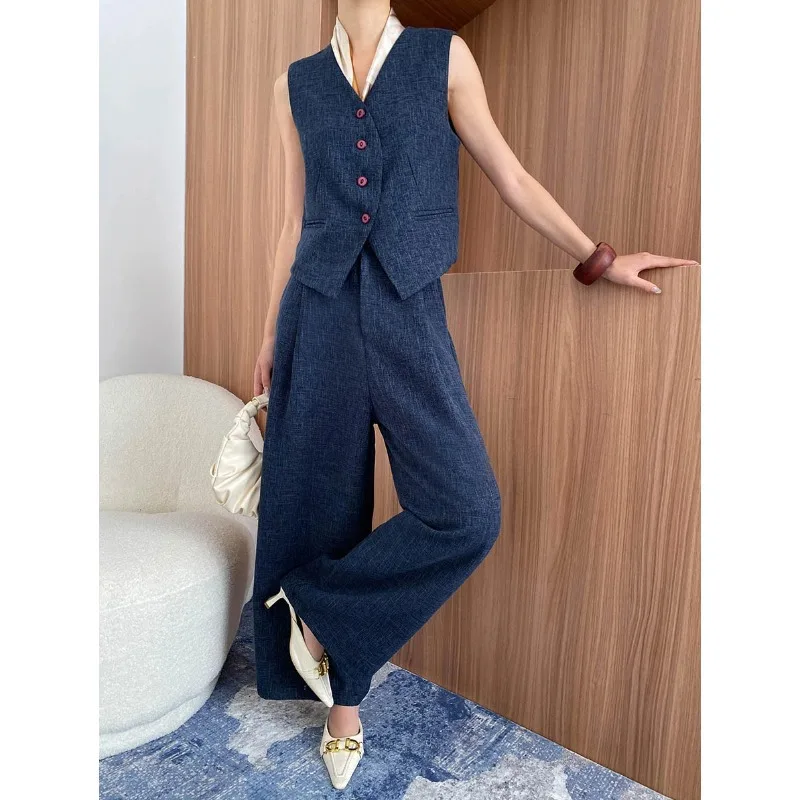 

Джинсовый синий жилет и брюки с широкими штанинами, комплект: жилет с V-образным вырезом и пуговицами спереди, свободные брюки с высокой талией для женщин, повседневный наряд V5S2