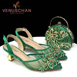 Venus Chan Nigerian Elegant Lace Net Style Green Crystal Low Heel Shoes And Three-Dimensional Mini Bag Commuter Women's Shoes