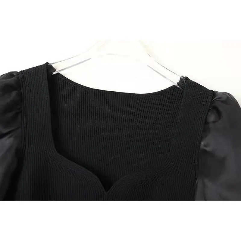 Women Top Puff Sleeve Square Neck Bottoming Shirt Black White Solid Color Casual Slim Korean Fashion Pullover