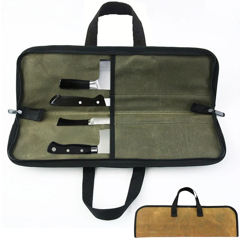 

Camping Canvas Chef Knife Bag Roll Bag 4 Slot Kitchen Cooking Japanese Santoku Slicing Carry Case Durable Storage Pockets Khaki