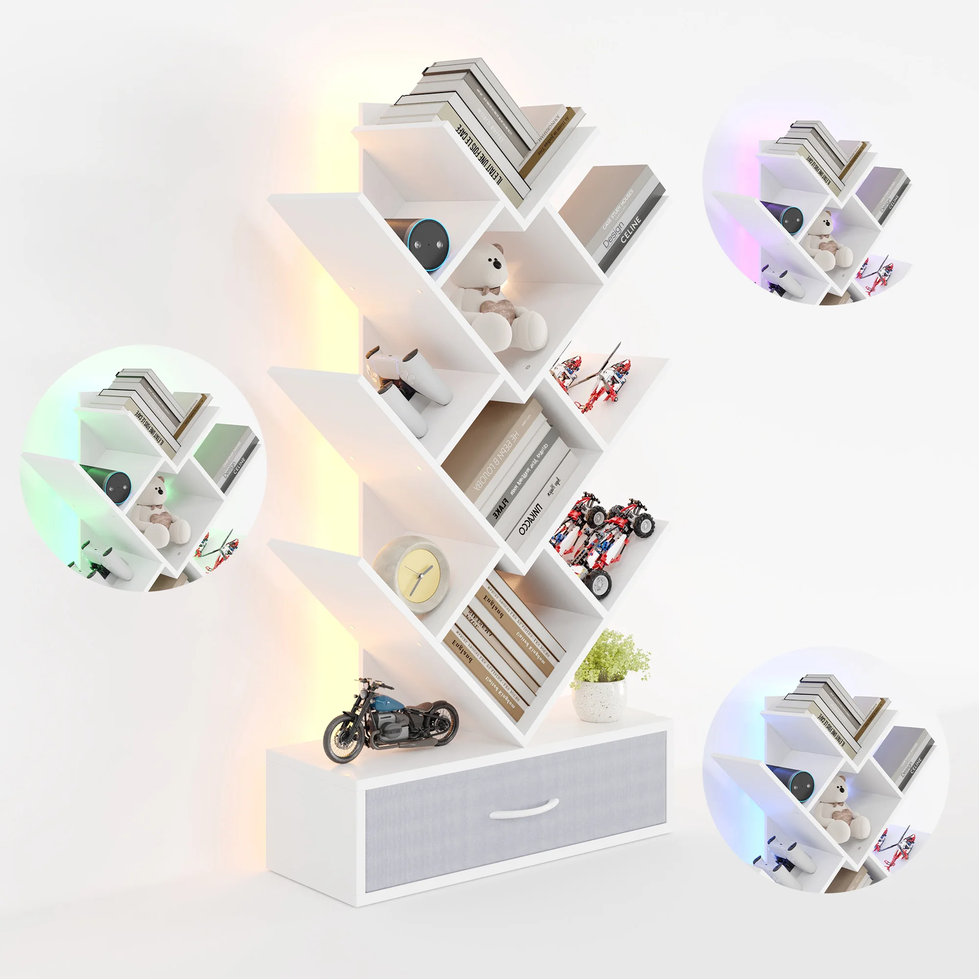 Tree-style 7-tier bookshelf with integrated ambient LED lighting strip