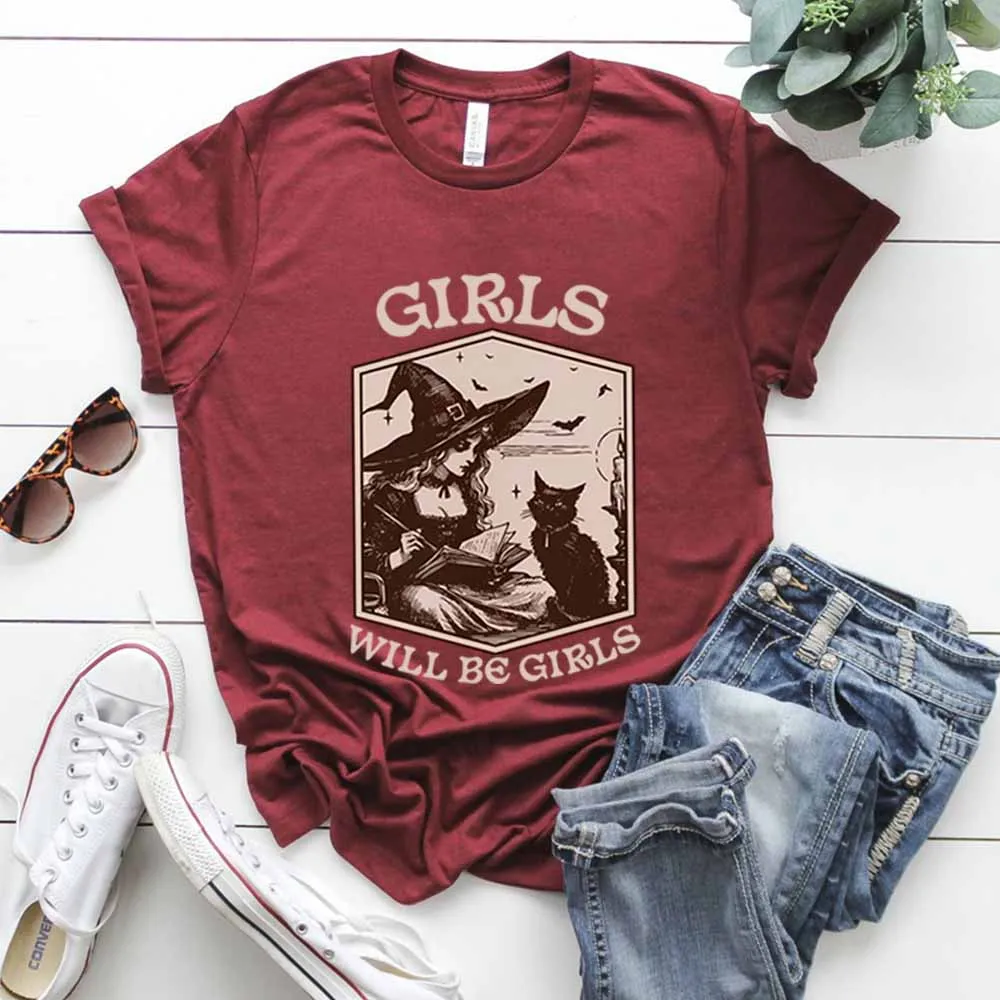 Dziewczęca Koszulka Wiedźmy Vintage Koszulka Wiedźmy Halloween Czarny Kot Gotycka Koszulka Estetyczna Y2k T-shirt Damskie Straszne Wiedźmańskie Topy