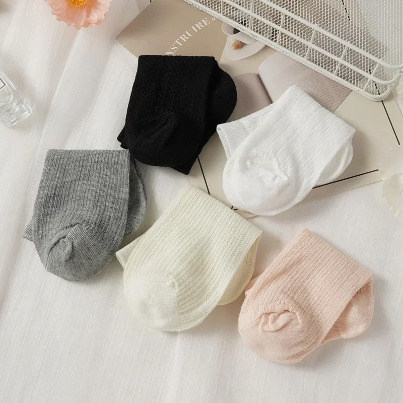 5 Pairs Women Solid Color Socks Fashionable Sweet Style Summer Thin Mesh Hollow Breathable Casual Socks