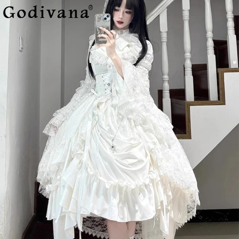 

Pure White Gothic Style Lolita Dress Women Sleeve Waist Cincher Lolita Elegant Dress Girls Slimming Gorgeous Heavy Craft Dress