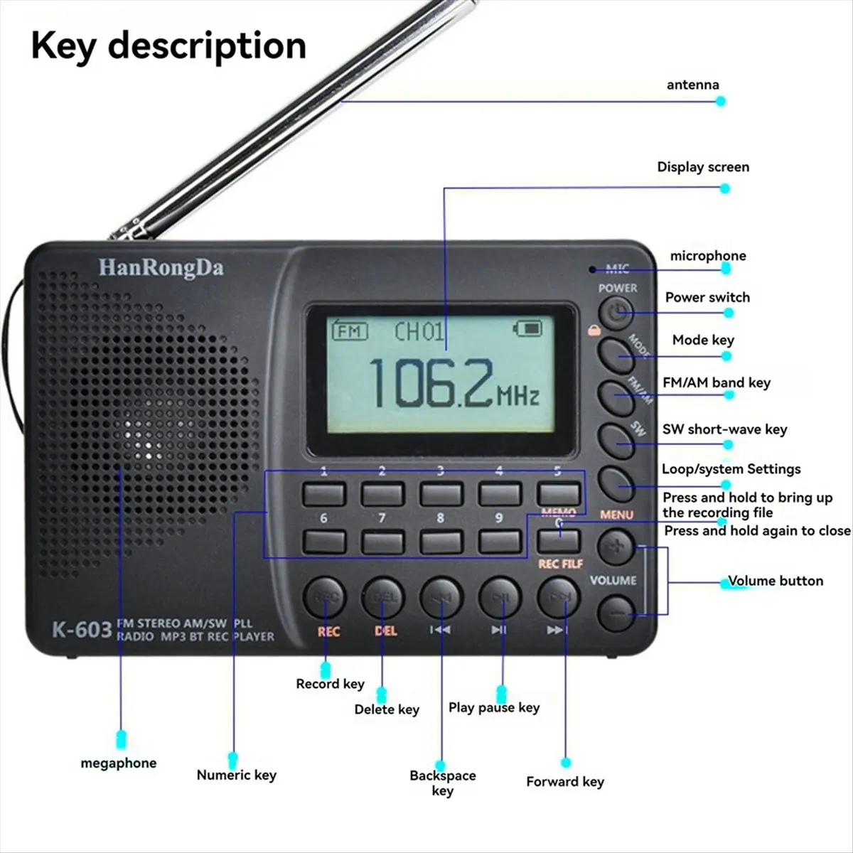 K-603 Elderly Full-Band Radio Bluetooth Card Recording MP3 Player Portable Radio with Backlit LCD, Sleep Timer