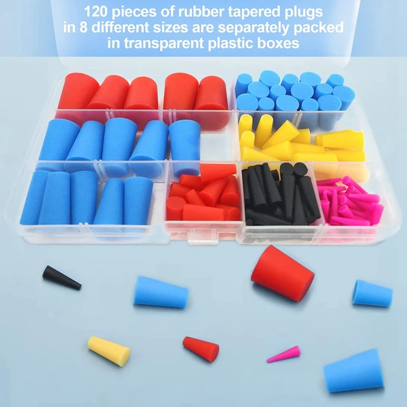 120Pcs Silicone Rubber Tapered Plugs, High Temp Resistant Silicone Rubber 8 Sizes From 1/16 To 5/8Inch For Hole Plugs