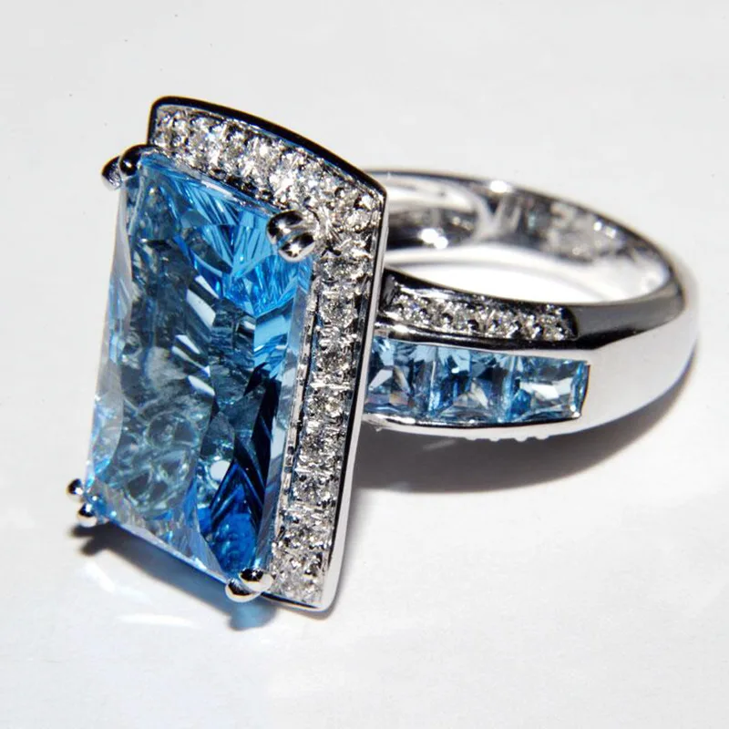 Delicate Favorite Aquamarine Topaz Sapphire Princess Baguette Couple Ring For Women Geometric Full Diamond Anniversary Jewelry