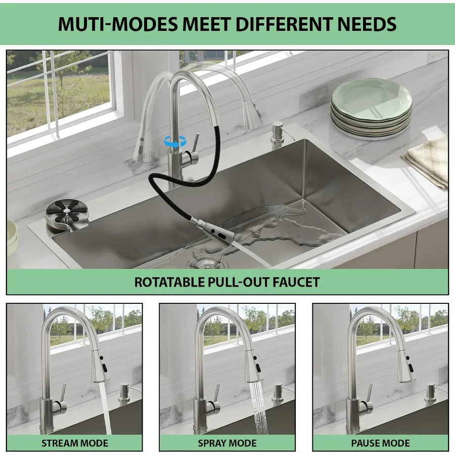 36 قطرة في حوض المطبخ مع صنبور قابل للسحب وموزع صابون للمطابخ الحديثة - وعاء فردي من الفولاذ المقاوم للصدأ فوق العداد #5