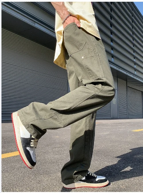 

Простые мужские джинсовые брюки, винтажные свободные джинсы с широкими штанинами, повседневные прямые мужские брюки в американском стиле, новинка 2025 года