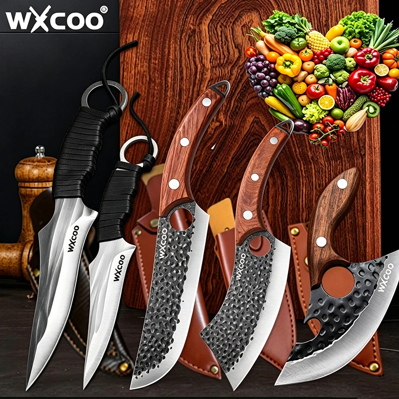 WXCOO 1-5pcs Kitchen Knife Set Stainless Steel Hand Forged Butcher Meat Cleaver Boning Knife with Cover Kitchen Accessories