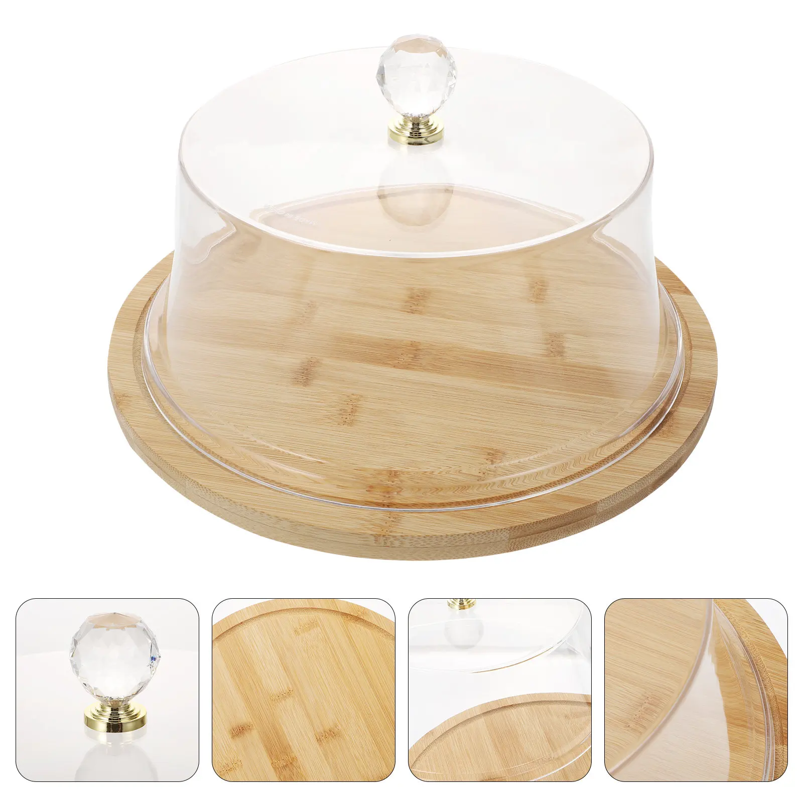 1Set Round Cake Display Cover with Bamboo Plate Acrylic Lid Dustproof Food Server for Dessert Cake Stand Hotel Bakery Home Use