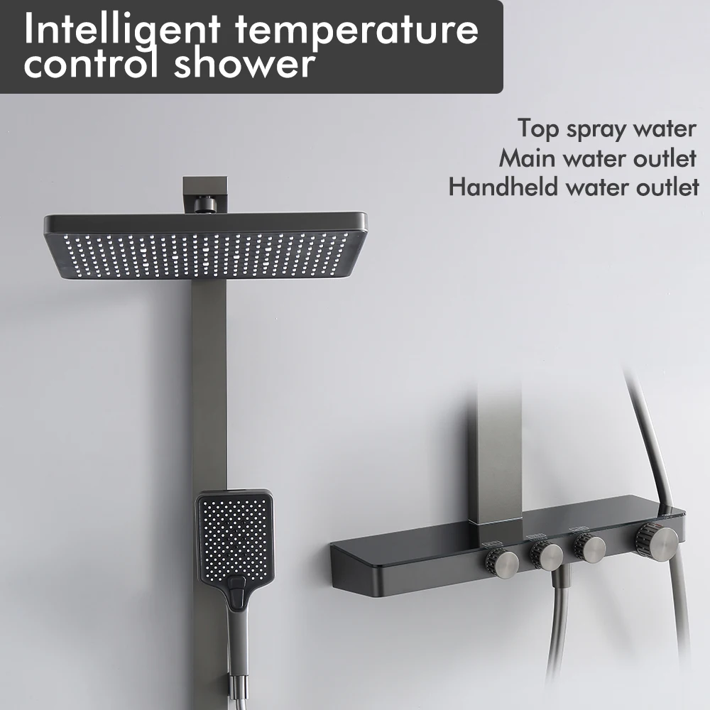 Sistem Keran Pancuran Air Panas dan Dingin 3 Jalur Model Dinding dengan Lengan Putar Putih, Keran Rainfall, Rak Kamar Mandi, Set Mixer Pancuran Warna Gunmetal