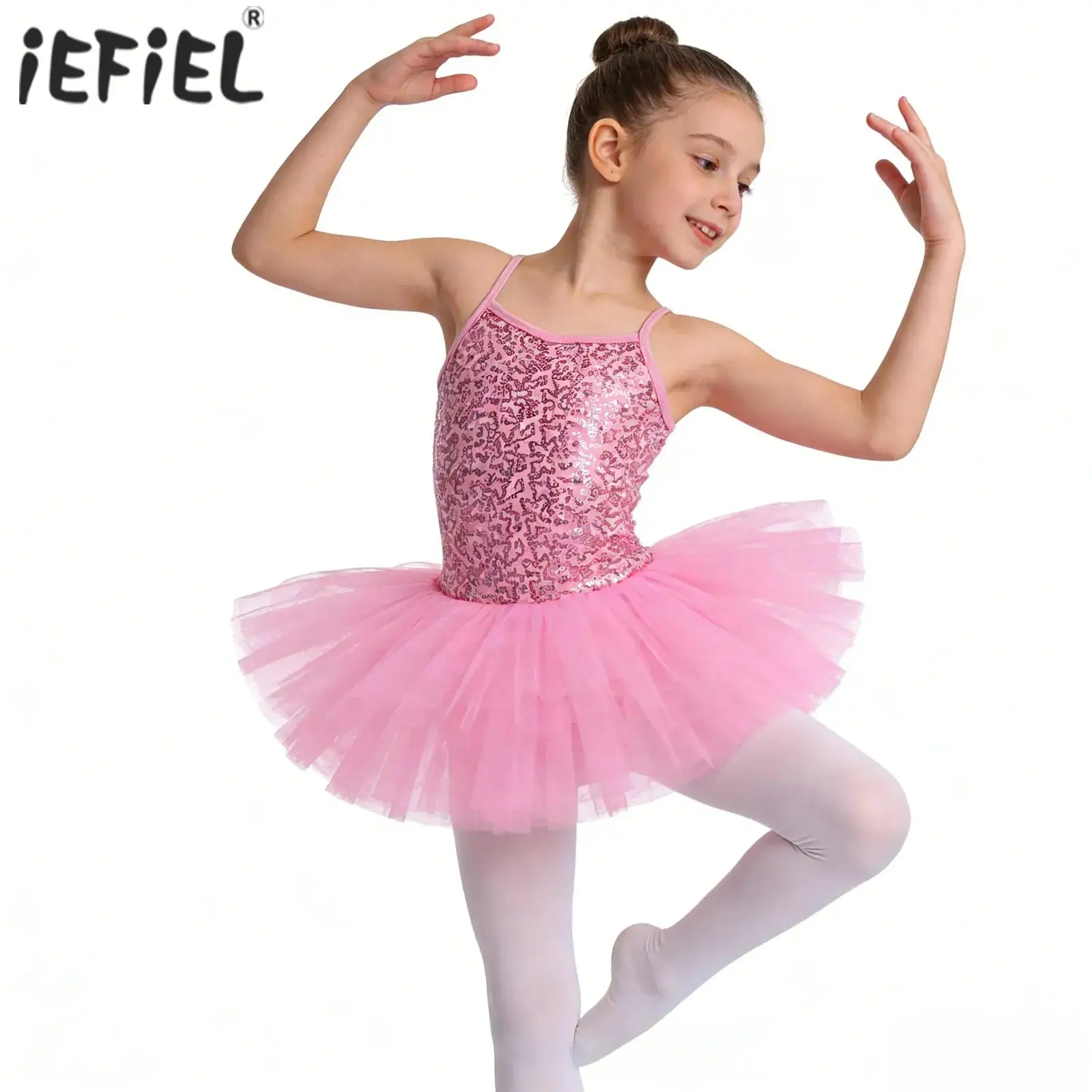

Kids Girls Ballet Tutu Dress Sequin Cross Strap Sleeveless Performance Costume Gymnastics Sequined Ballerina Leotard Gown Outfit