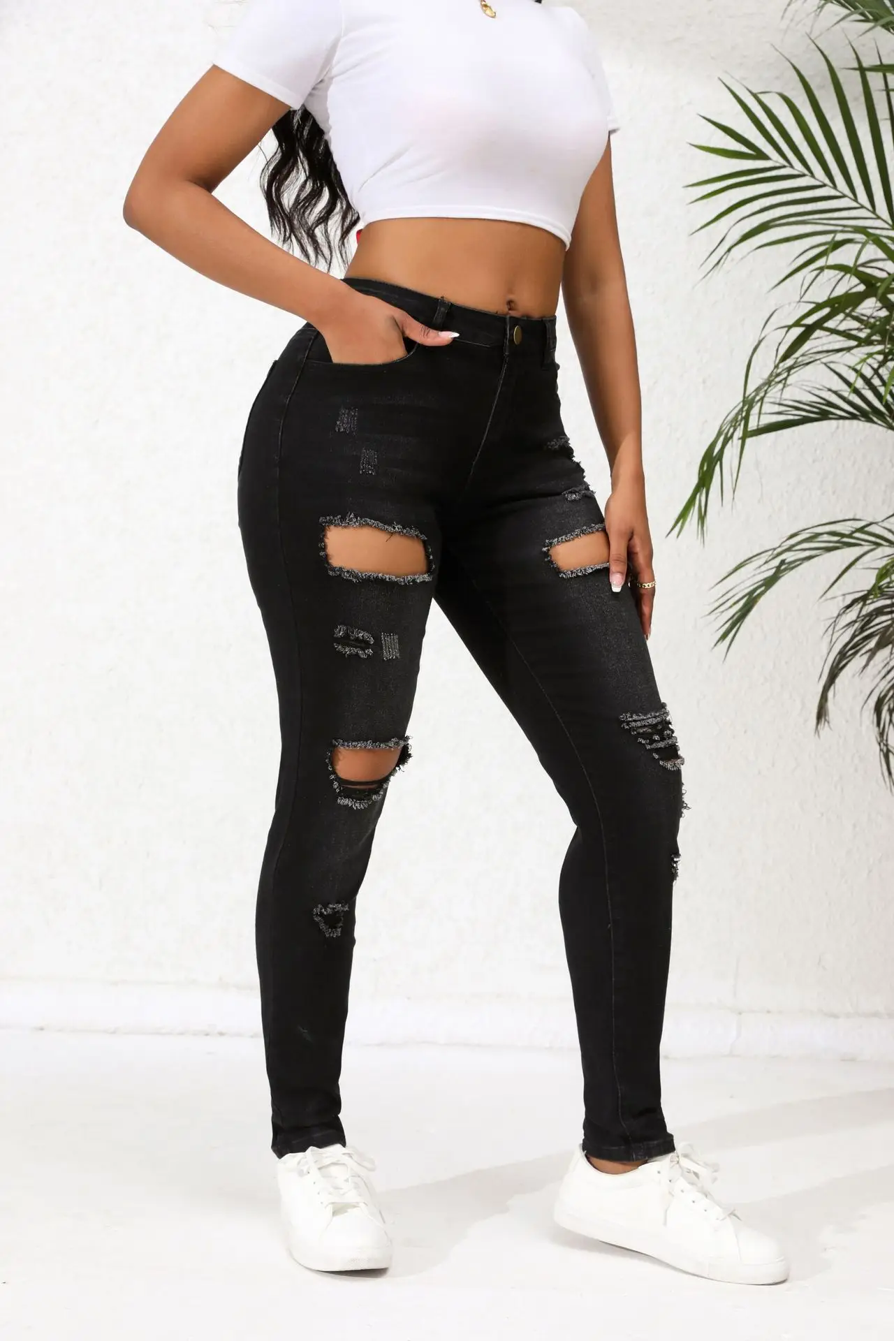 2024 New Women's Black Ripped Jeans Fashion High Stretch Skinny Denim Pencil Pants Casual Slim Trousers S-2XL