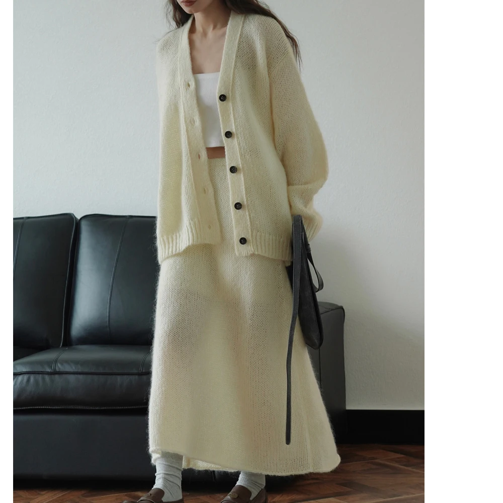 Women Two Pieces Suits Mohair Wool Blending V-Neck Knitted Cardigans With Long Skirt Autumn Clothes  Tracksuits Ladies Outfits