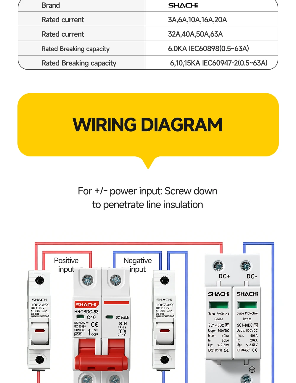 SHACHI 2P DC MCB 1000V Solar Mini-Leitungsschutzschalter 3A 6A 10A 16A 20A 25A 32A 40A 50A 63A DC MCB für PV-Systeme – Detail 12
