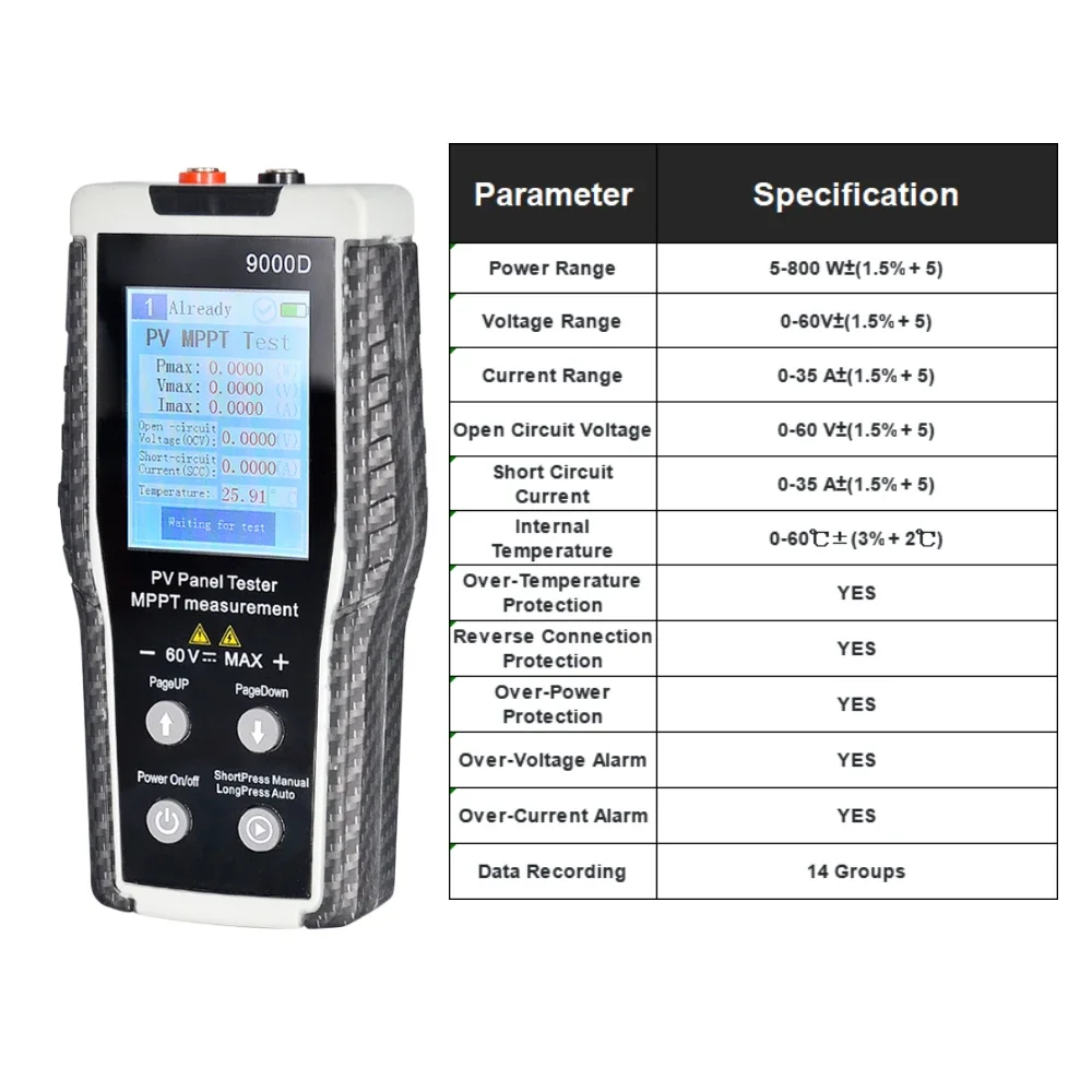 

HP-9000D MPPT Solar Power Analyzer Tester 5-800W 12-60V DC 2.8 Inch TFT LCD Display PV System Diagnostic Tool with Data Logger