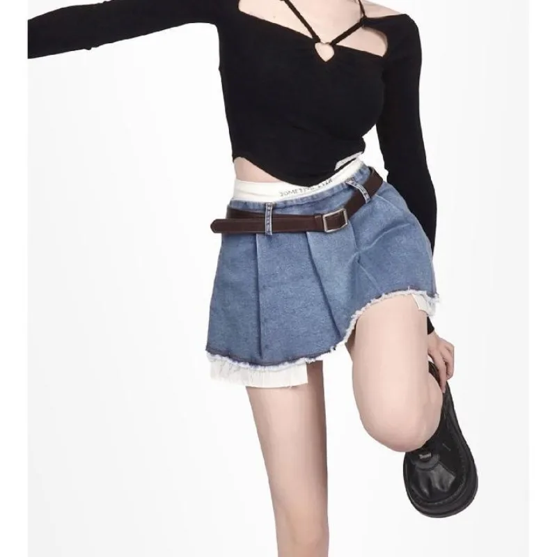 Women\'s Summer New Fashion Sweet Elastic High Waist Panel Letter Ruched Tassel Denim Fake Two Pieces A-line Half Pleated Skirt