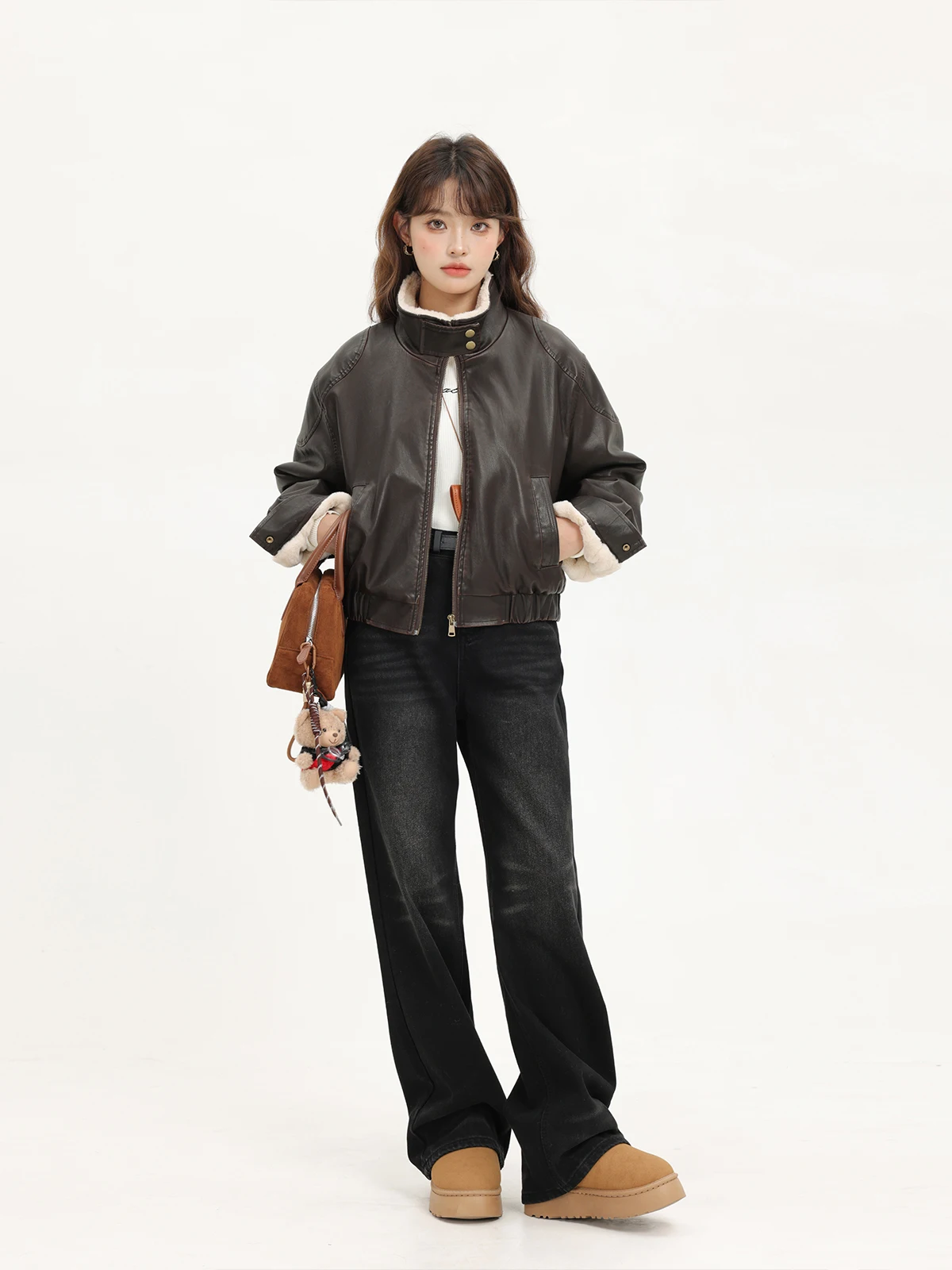 Coreano sle ort thiened motocicleta jaet inverno quente gola casaco de motociclista doce legal americano retro couro do plutônio